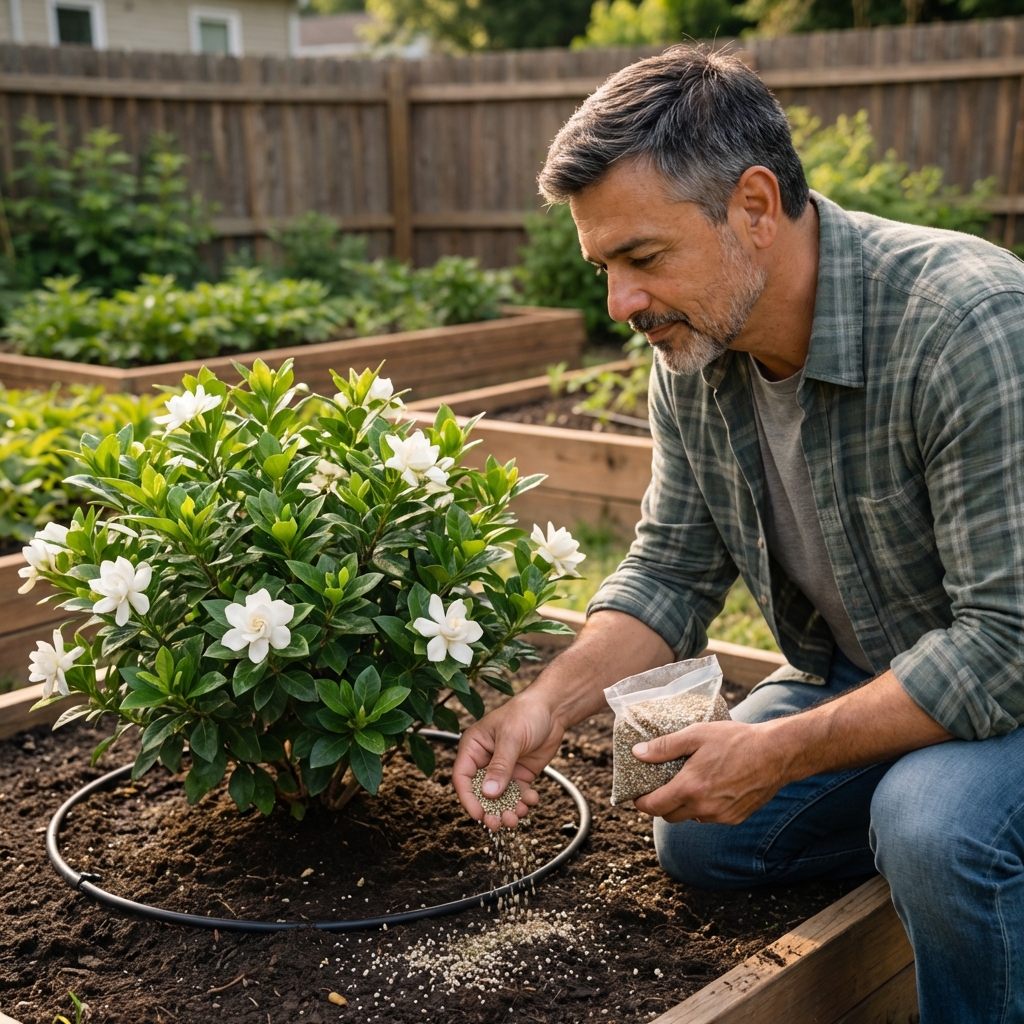 A person sprinkling granular fertilizer on moist soil around the drip line of a gardenia shrub