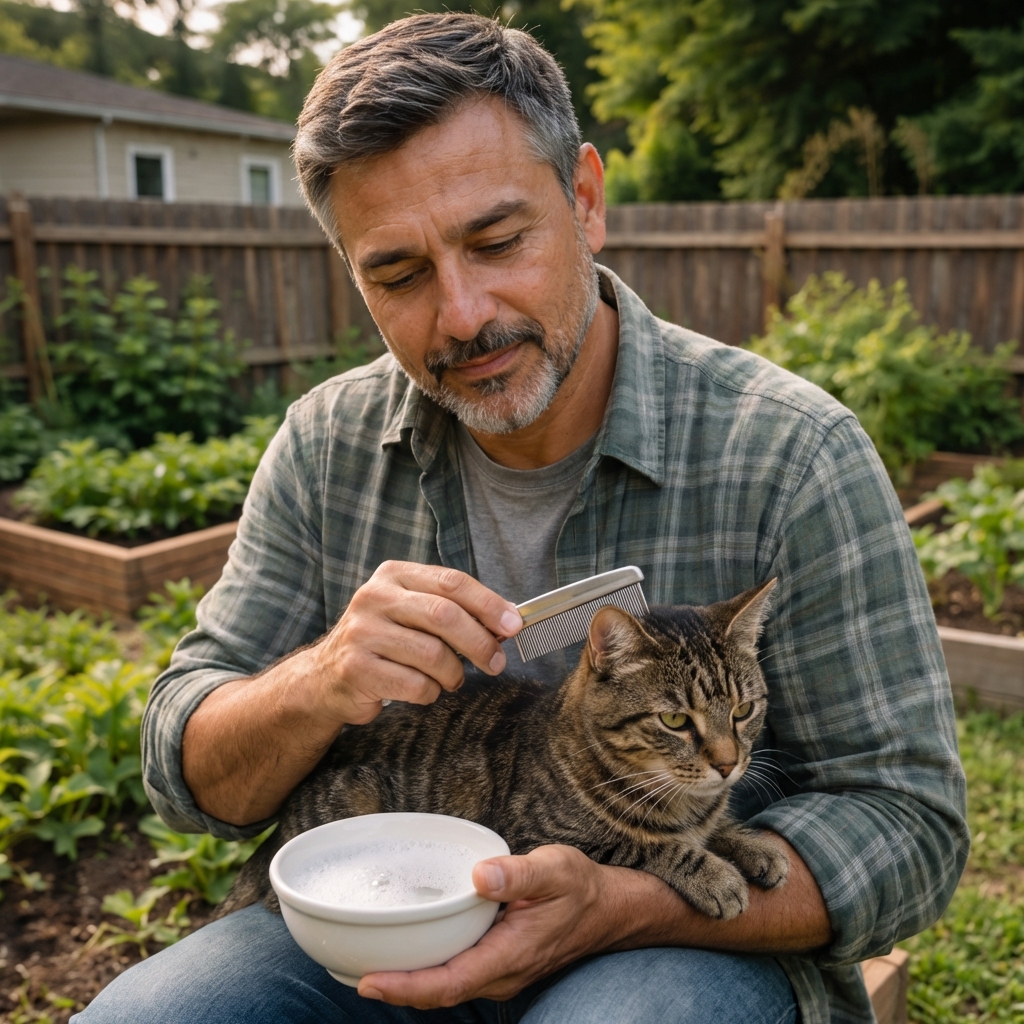 A person using a fine-tooth flea comb on a cat while holding a small bowl of warm soapy water nearby