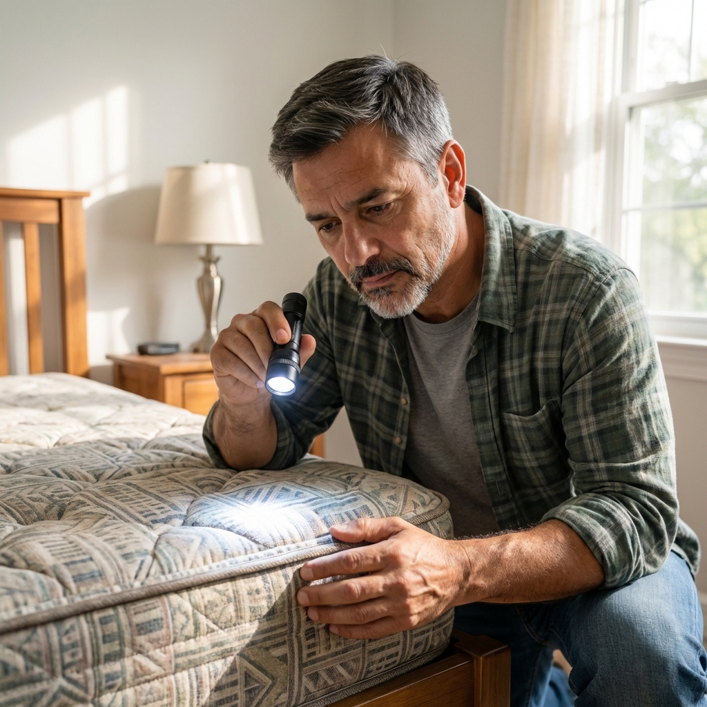 A person using a flashlight to inspect the seam of a mattress in a bright bedroom