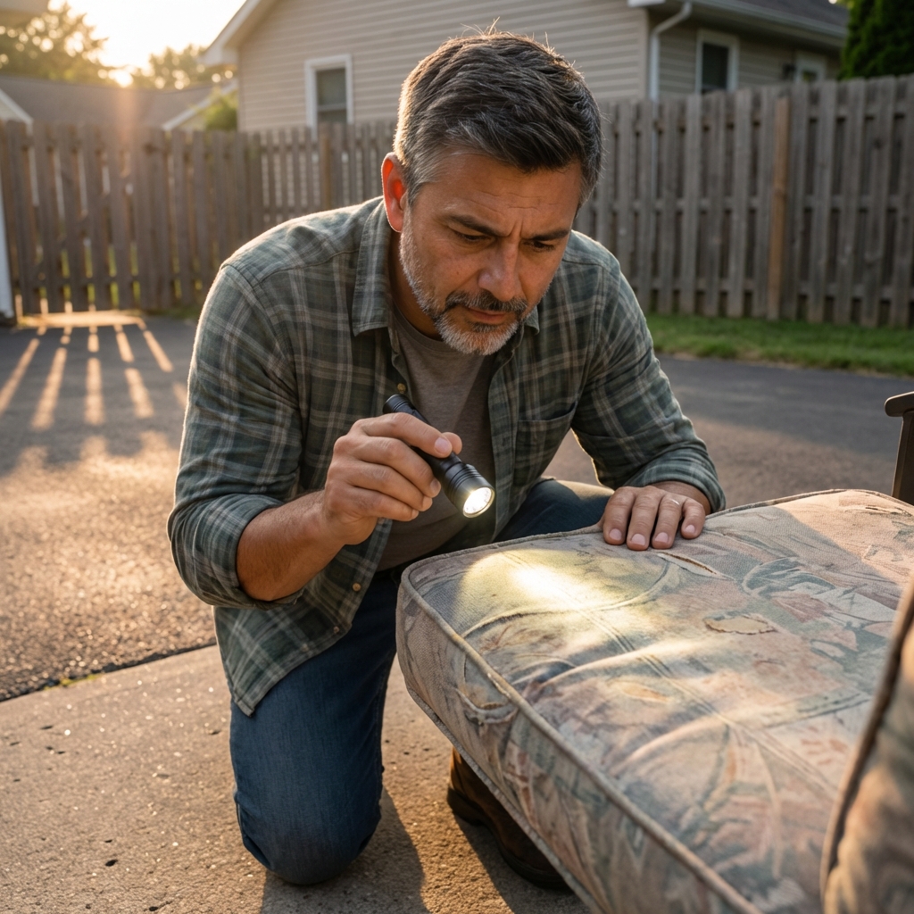 A person using a flashlight to inspect the seams of a used patio cushion outdoors on a driveway