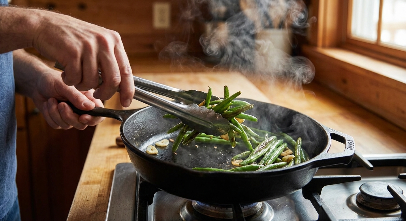 A person using tongs to toss sautéed green beans in a skillet with garlic while steam rises