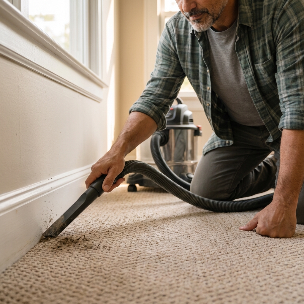 A person vacuuming a beige carpet along a baseboard with a vacuum hose attachment