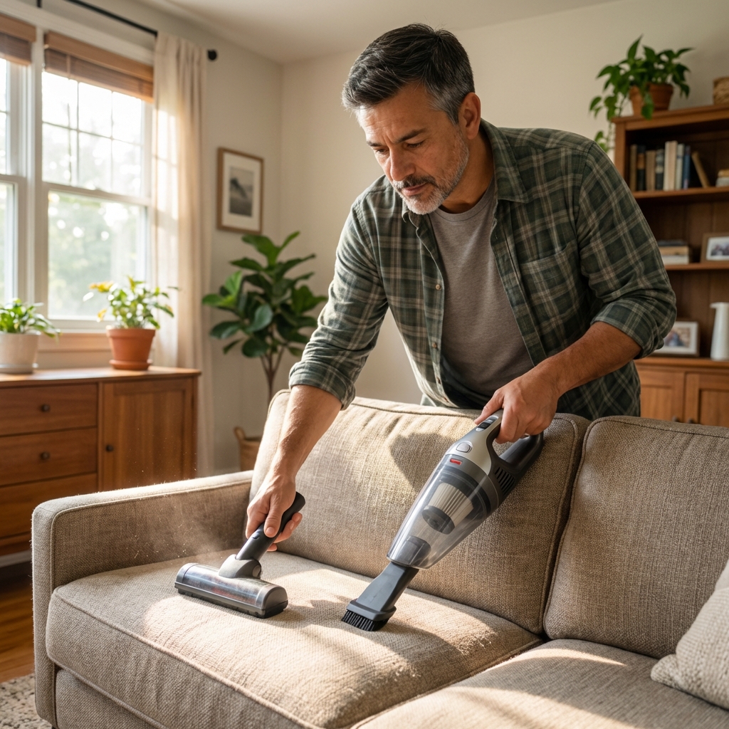 A person vacuuming a fabric couch in a living room