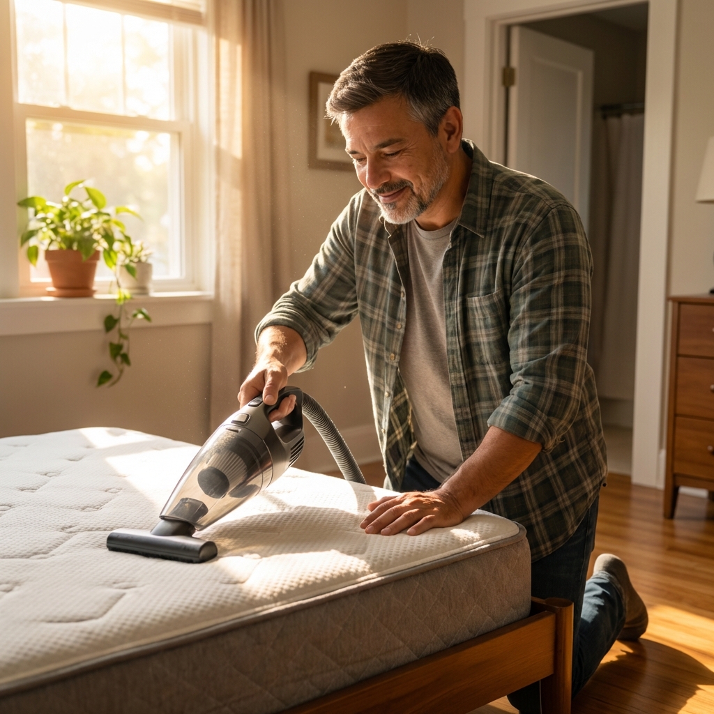 A person vacuuming a mattress with a handheld vacuum in a sunlit bedroom