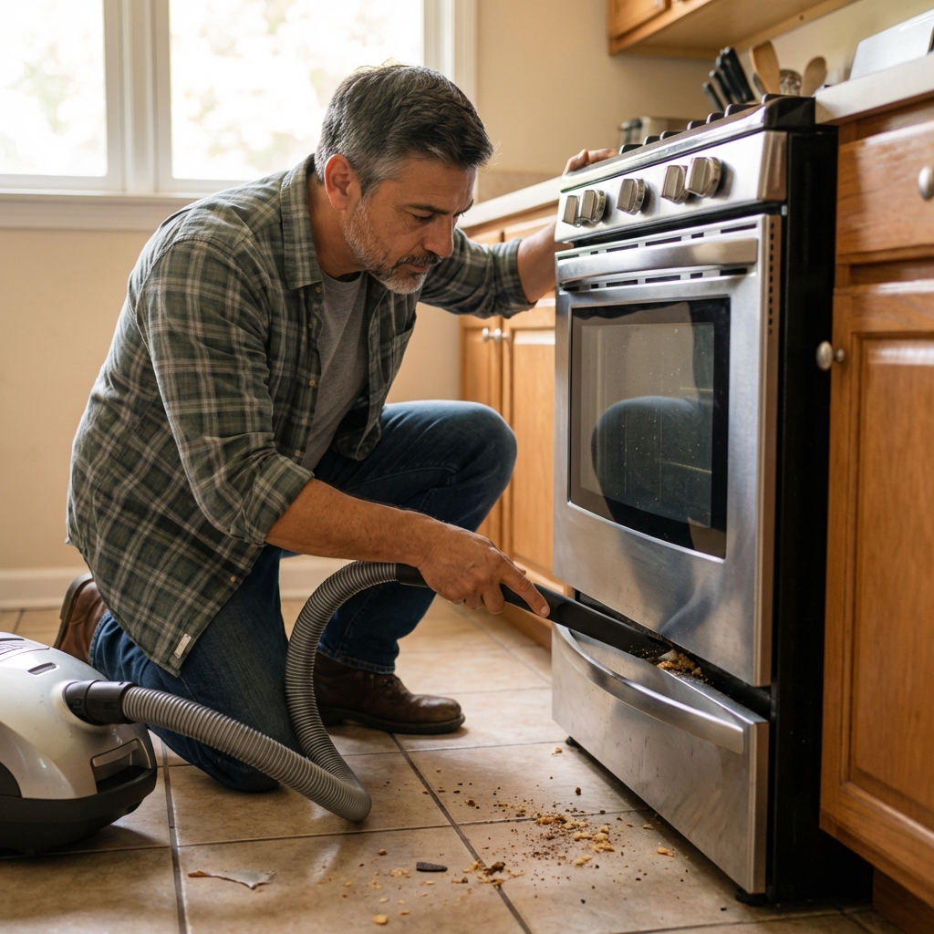 A person vacuuming behind a kitchen stove where crumbs and debris collect