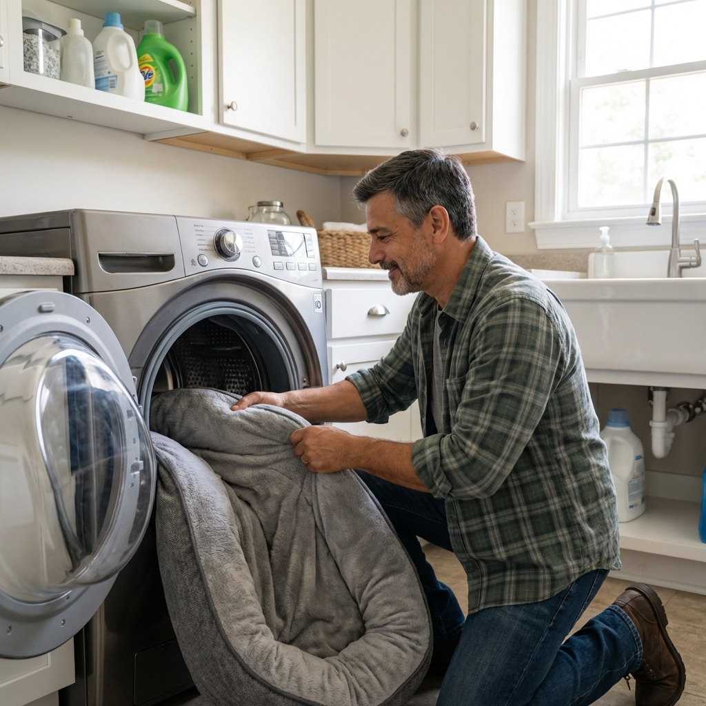 A person washing a dog bed in a washing machine laundry room