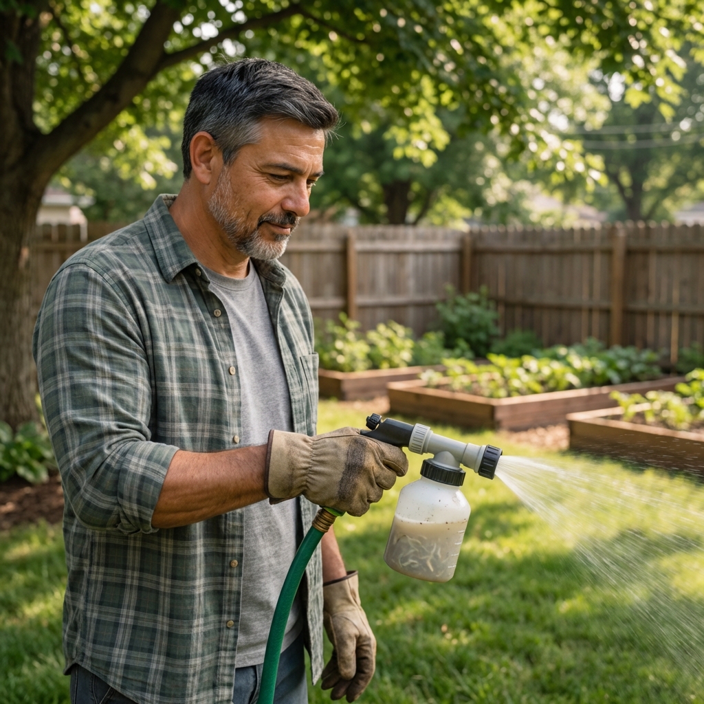 A person wearing gardening gloves spreading beneficial nematodes with a hose-end sprayer on a shaded lawn