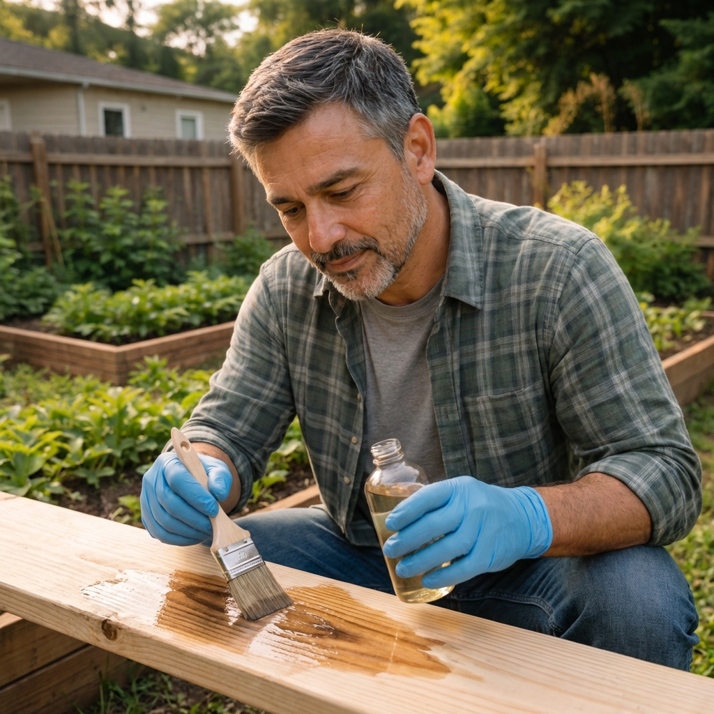 A person wearing gloves applying a clear liquid wood treatment to a dark water stain on an unfinished wooden board