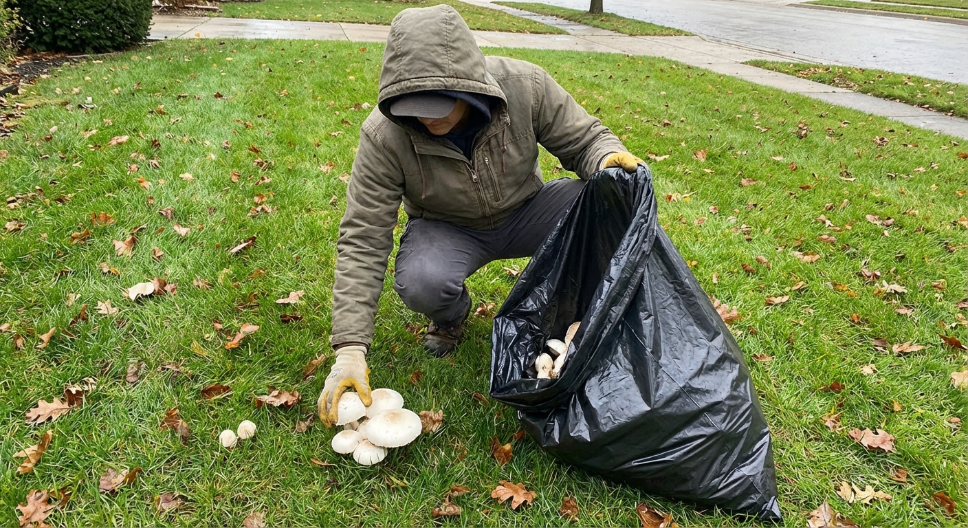 A person wearing gloves picking mushrooms from a lawn and placing them into a trash bag