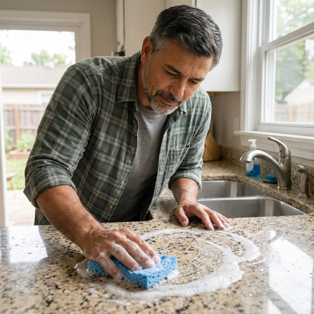 A person wiping a kitchen counter with soapy water near a sink