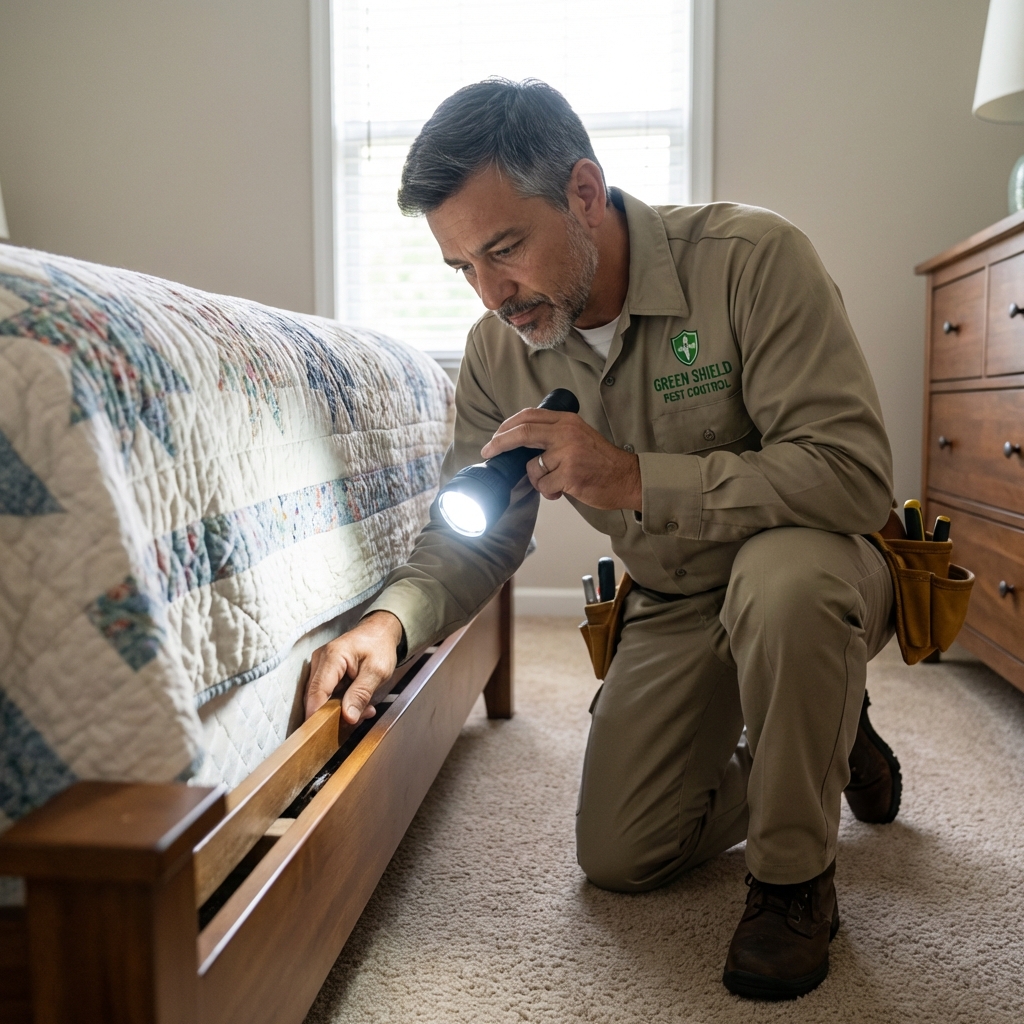 A pest control technician inspecting a bed frame with a flashlight in a residential bedroom
