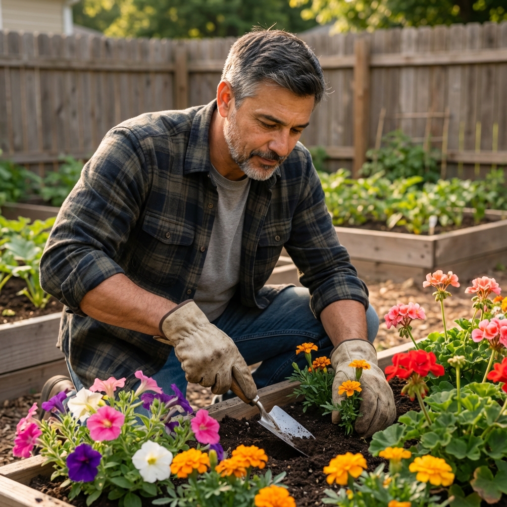 A photo of a gardener wearing gloves and long sleeves while working near flowering plants in a backyard garden