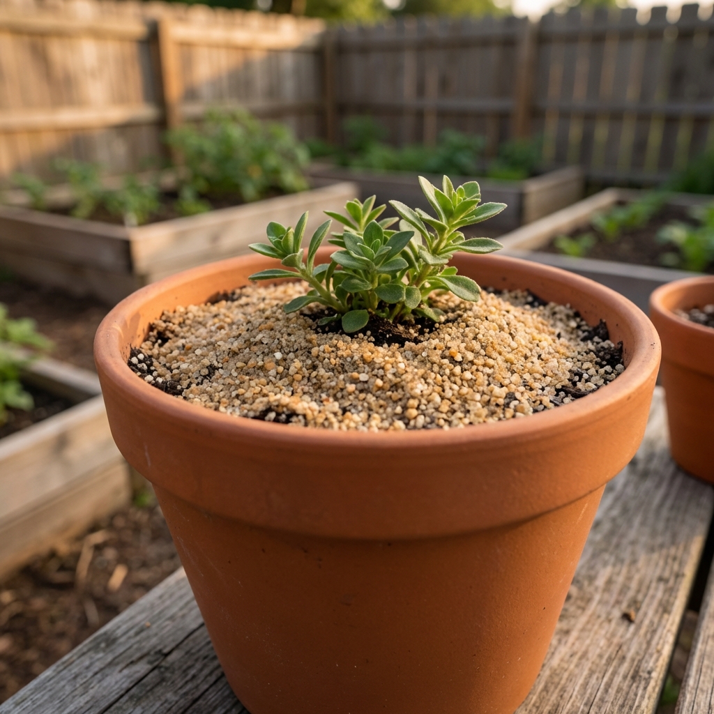 A photo of a houseplant pot with a layer of coarse sand covering the surface of the potting soil