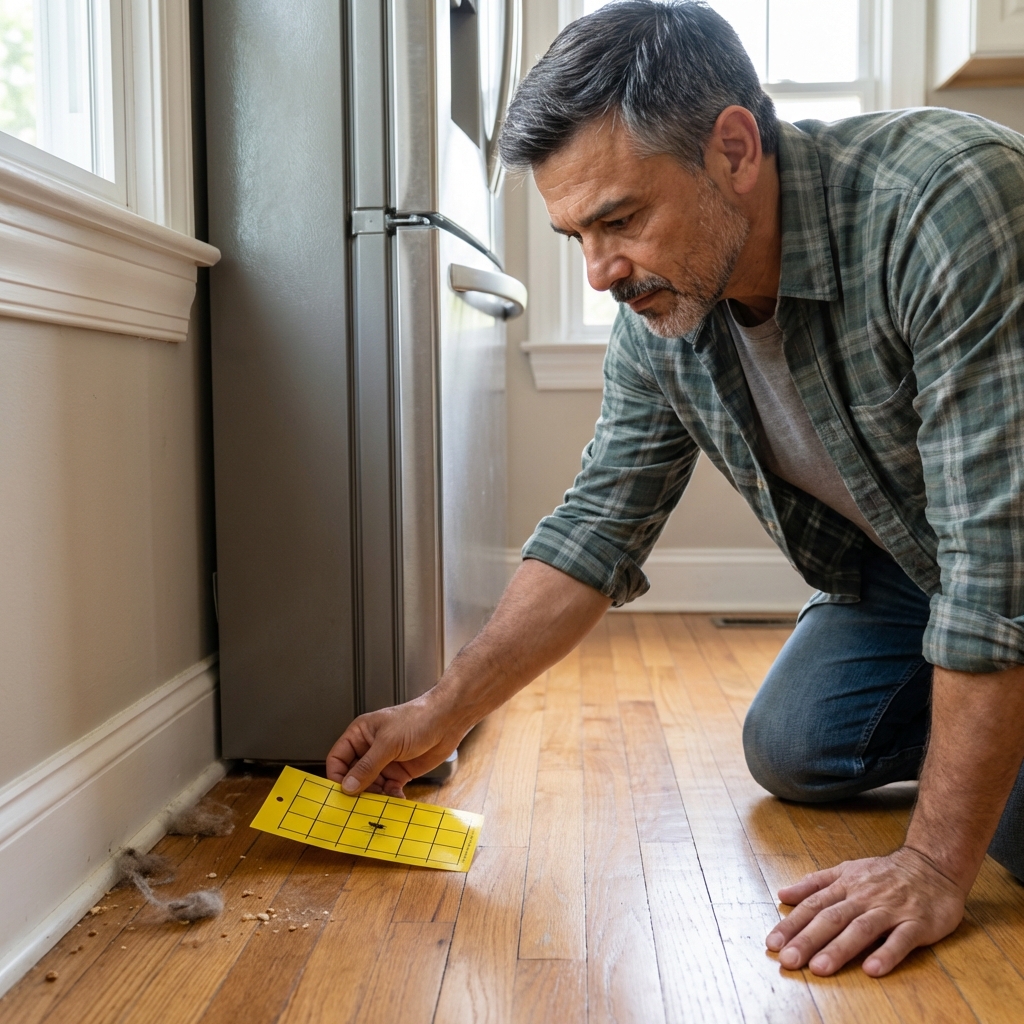 A photo of a person placing a sticky insect trap behind a refrigerator on a kitchen floor