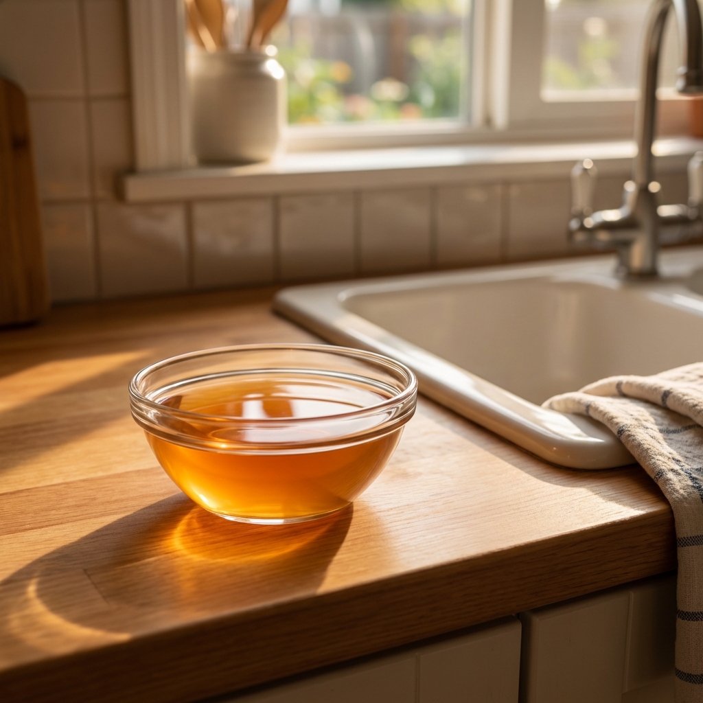 A photo of a small glass bowl with apple cider vinegar sitting on a kitchen counter near a sink
