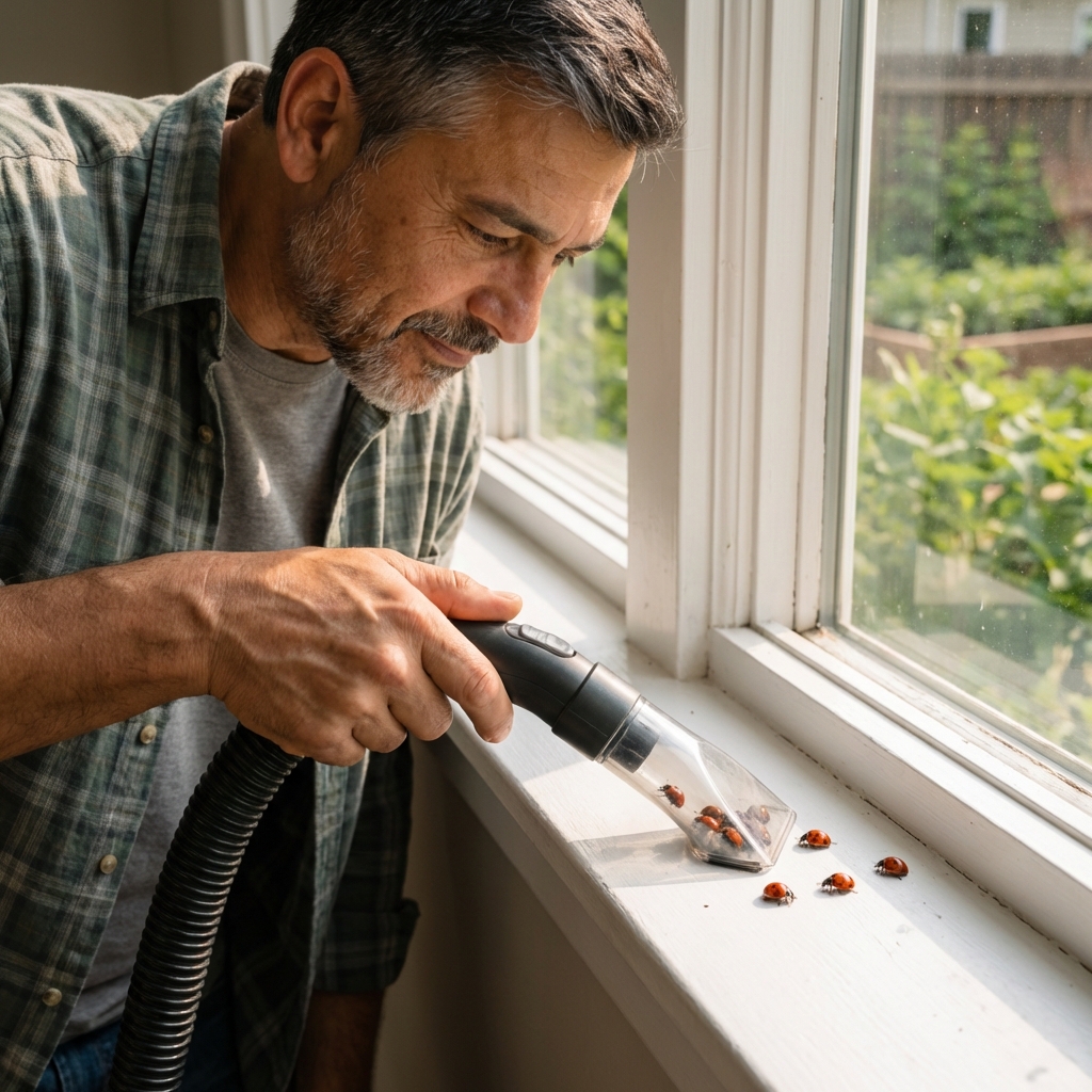 A photo of a vacuum hose being used to collect lady beetles from a white windowsill