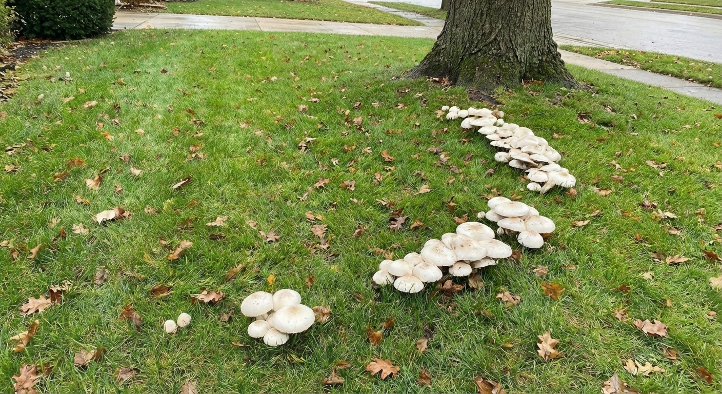 A photo of mushrooms growing in a curved line across a lawn near a tree