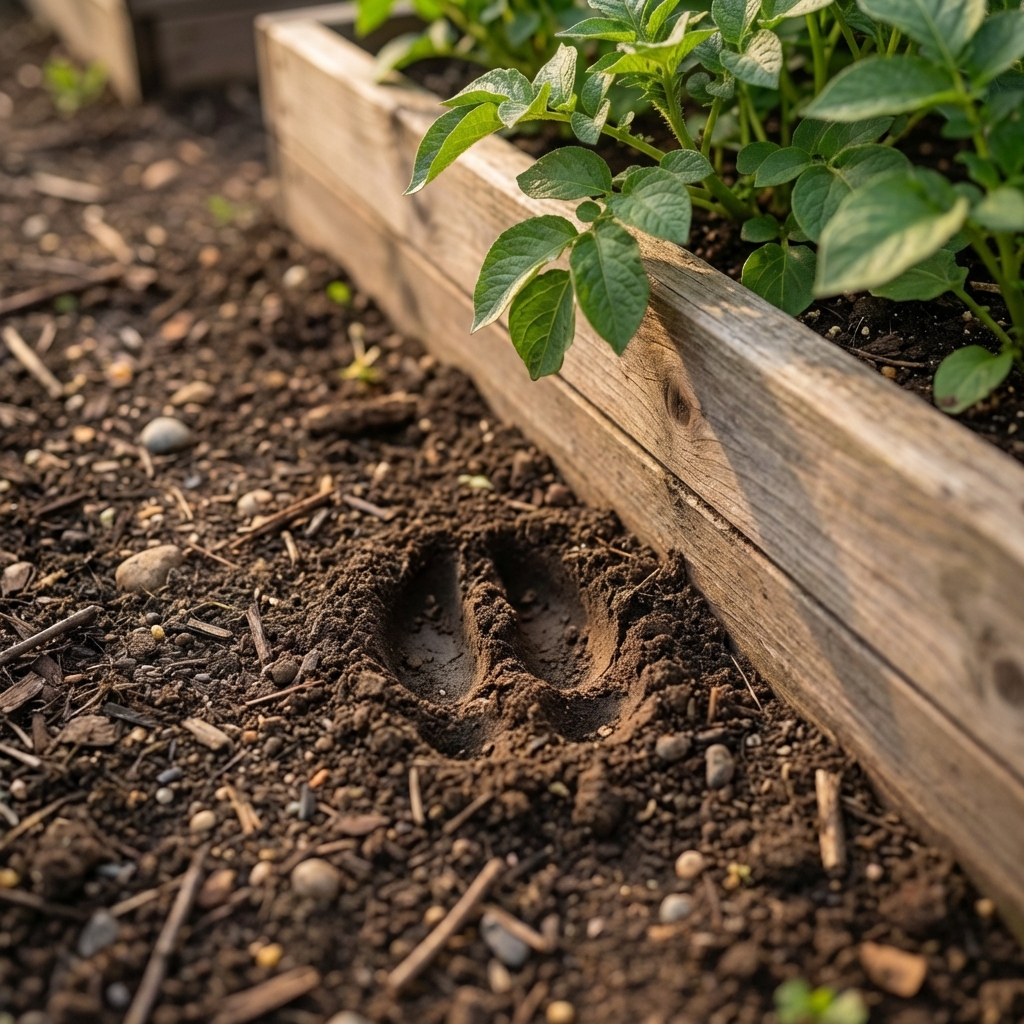 A photograph of a deer hoof print in soft garden soil near a planting bed