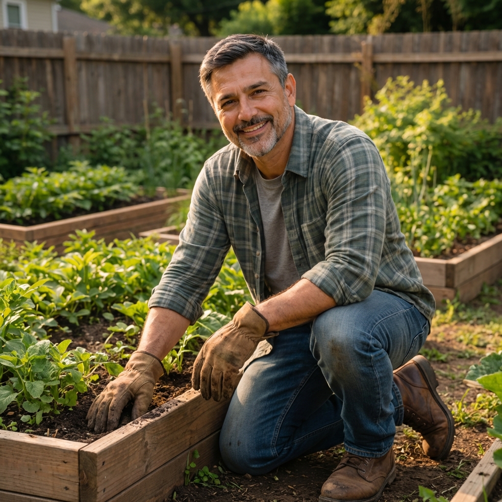 A photograph of a gardener wearing gloves and boots kneeling beside a raised garden bed