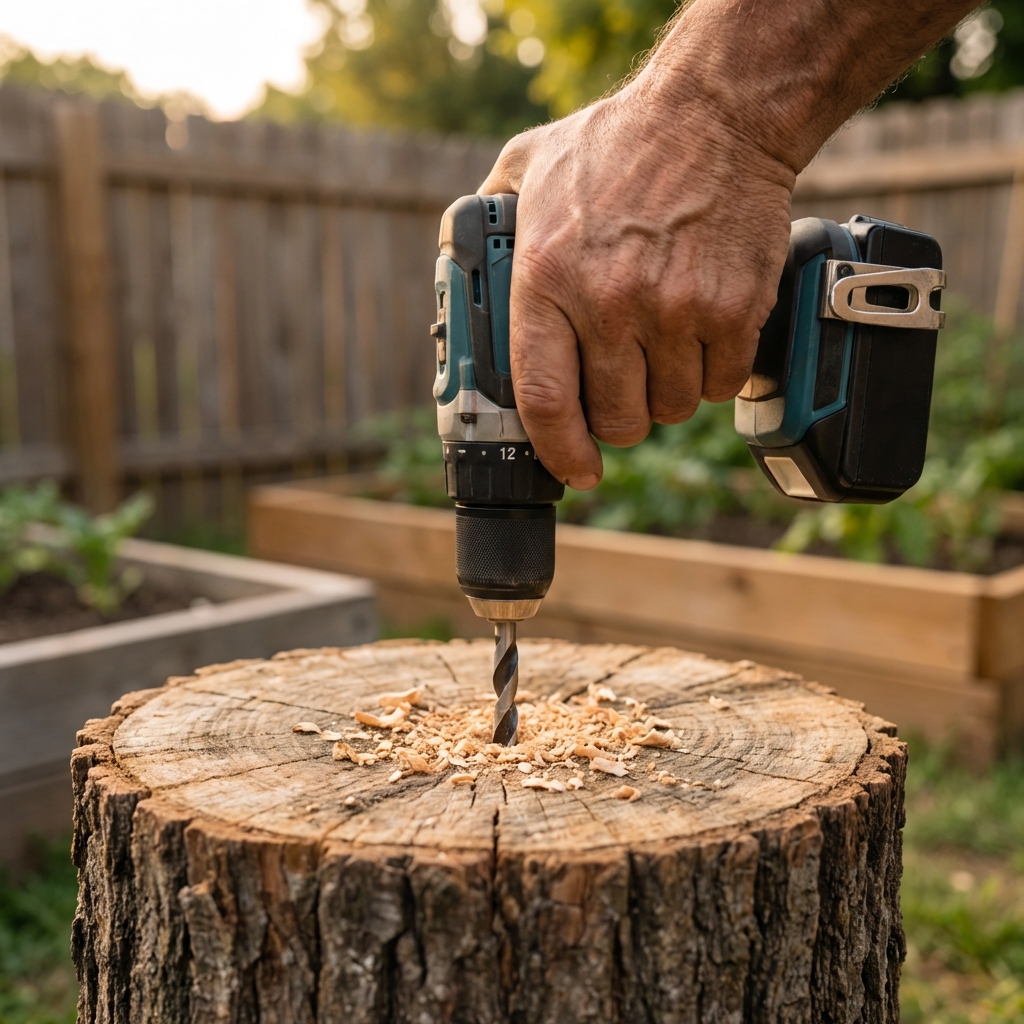 A photograph of a hand drilling holes into the top of a tree stump in a backyard