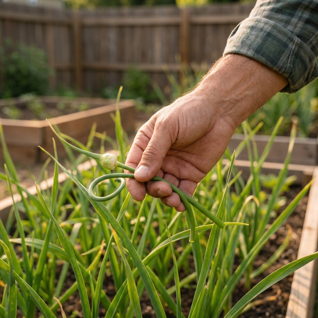 A photograph of a hand holding a freshly cut garlic scape above green garlic leaves in a garden bed