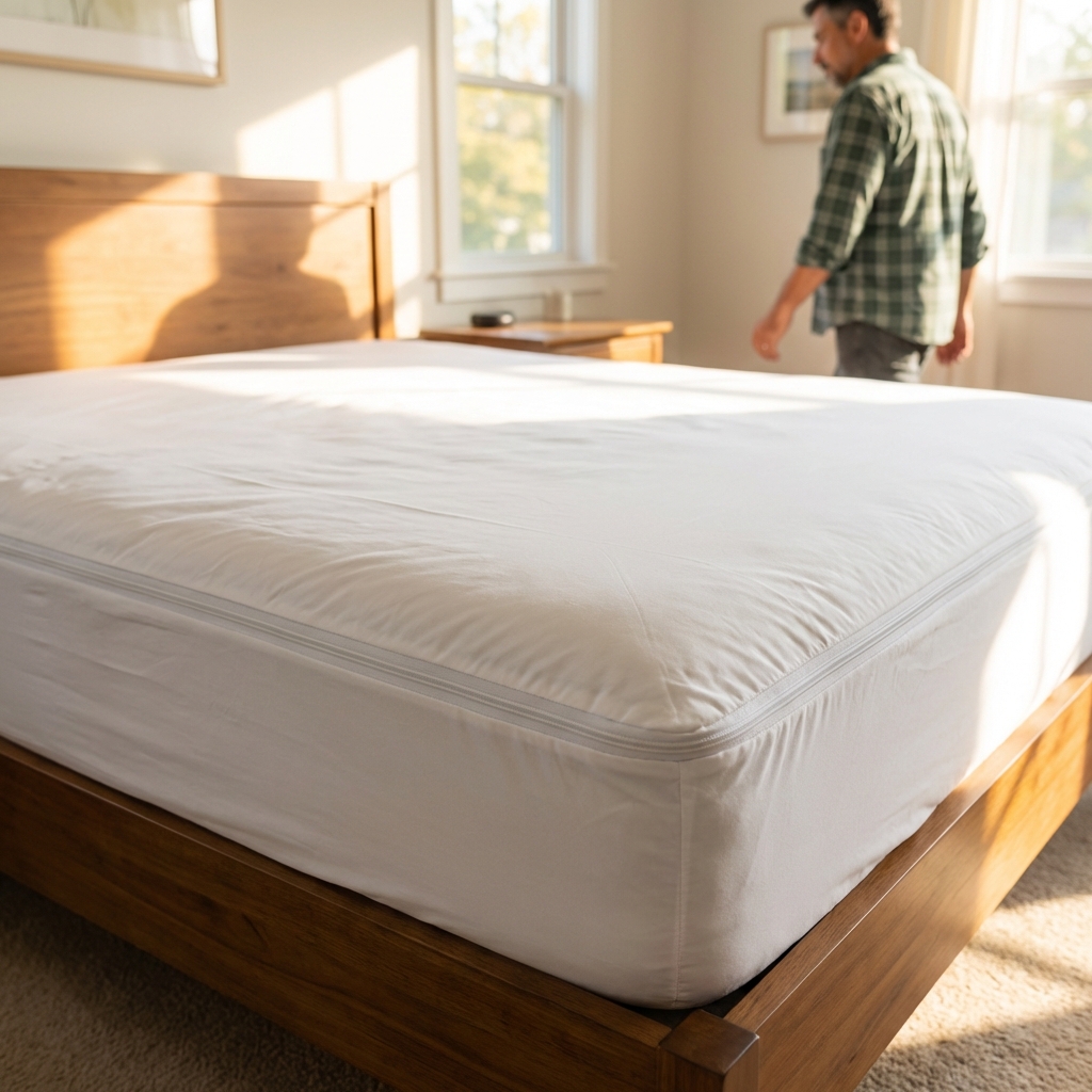 A photograph of a mattress fully covered in a zippered protective encasement in a bright bedroom