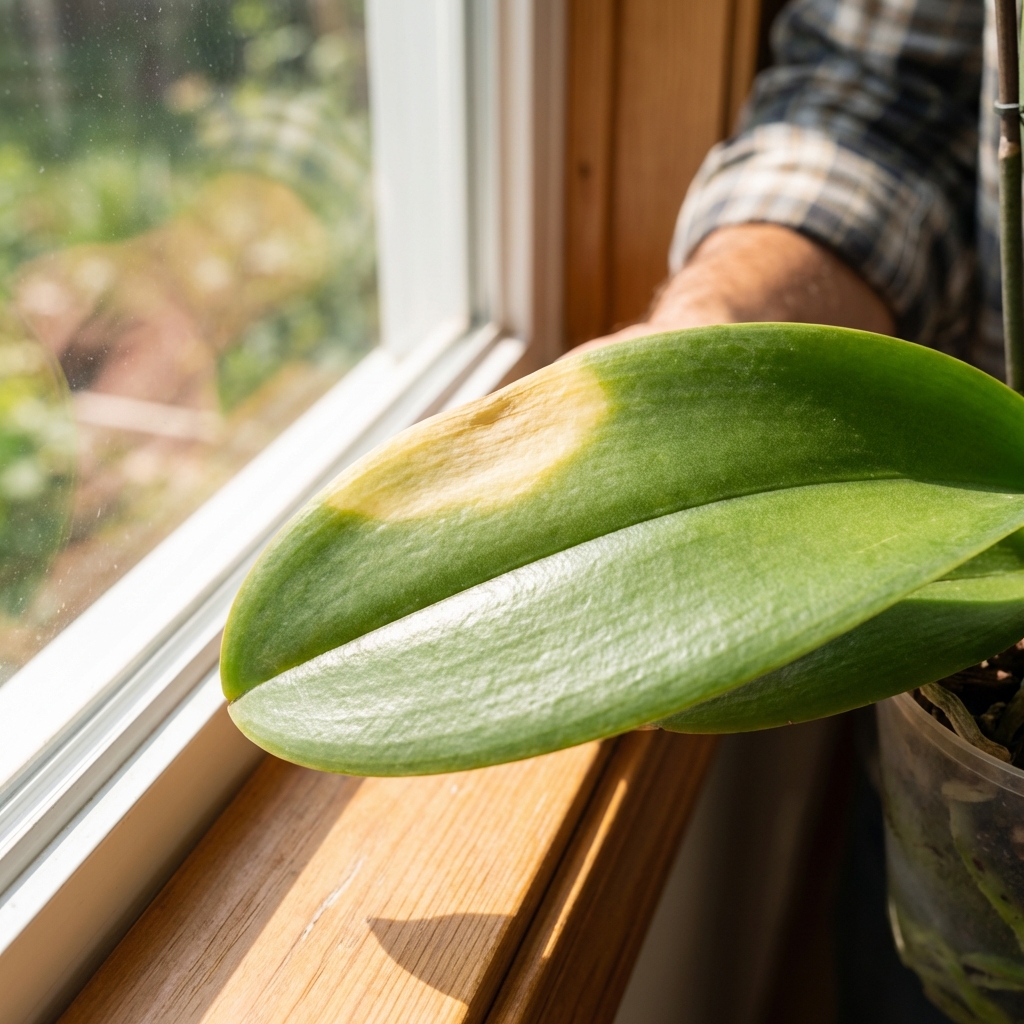 A photograph of a moth orchid leaf with a pale yellow sun-stressed area near a bright window