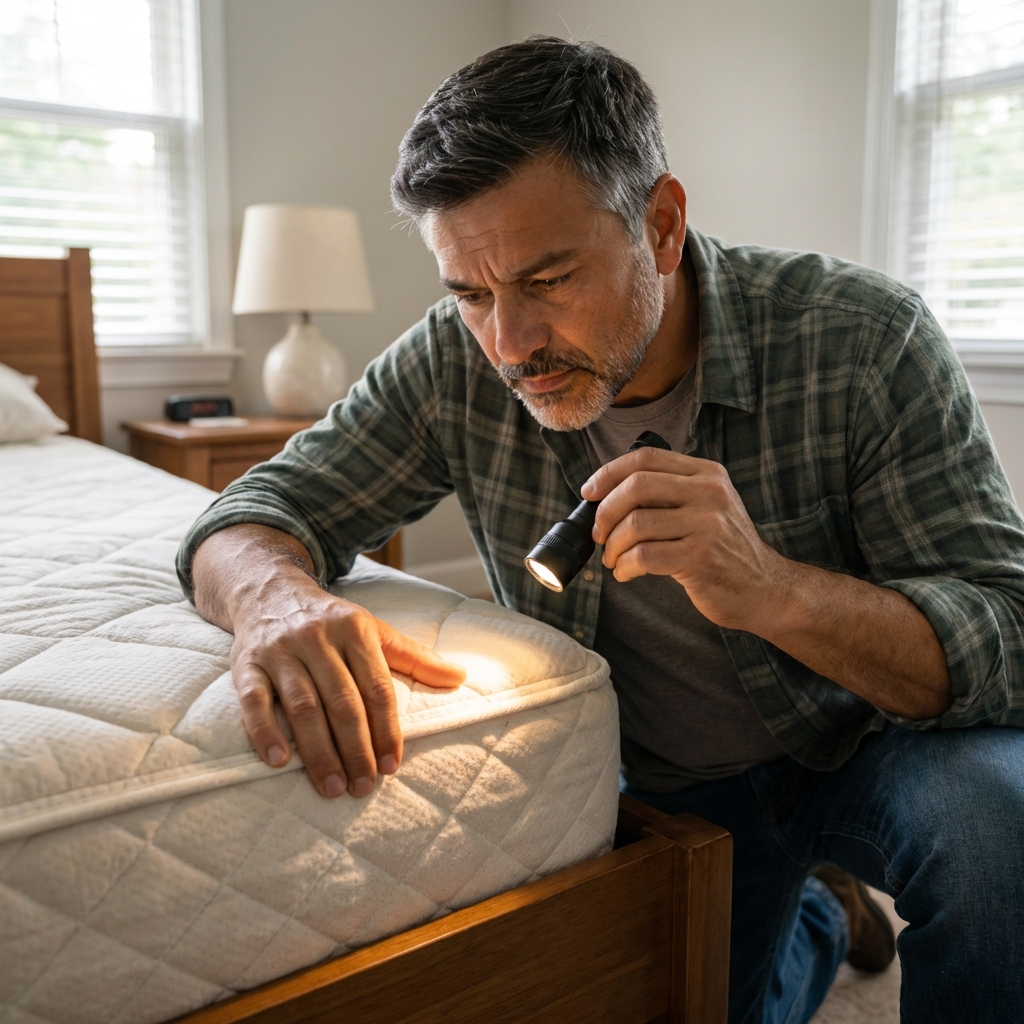 A photograph of a person lifting a mattress corner to inspect the seam with a flashlight