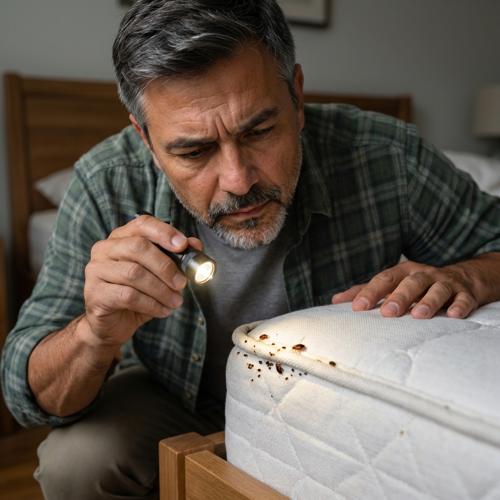 A photograph of a person using a flashlight to inspect a mattress seam at the corner