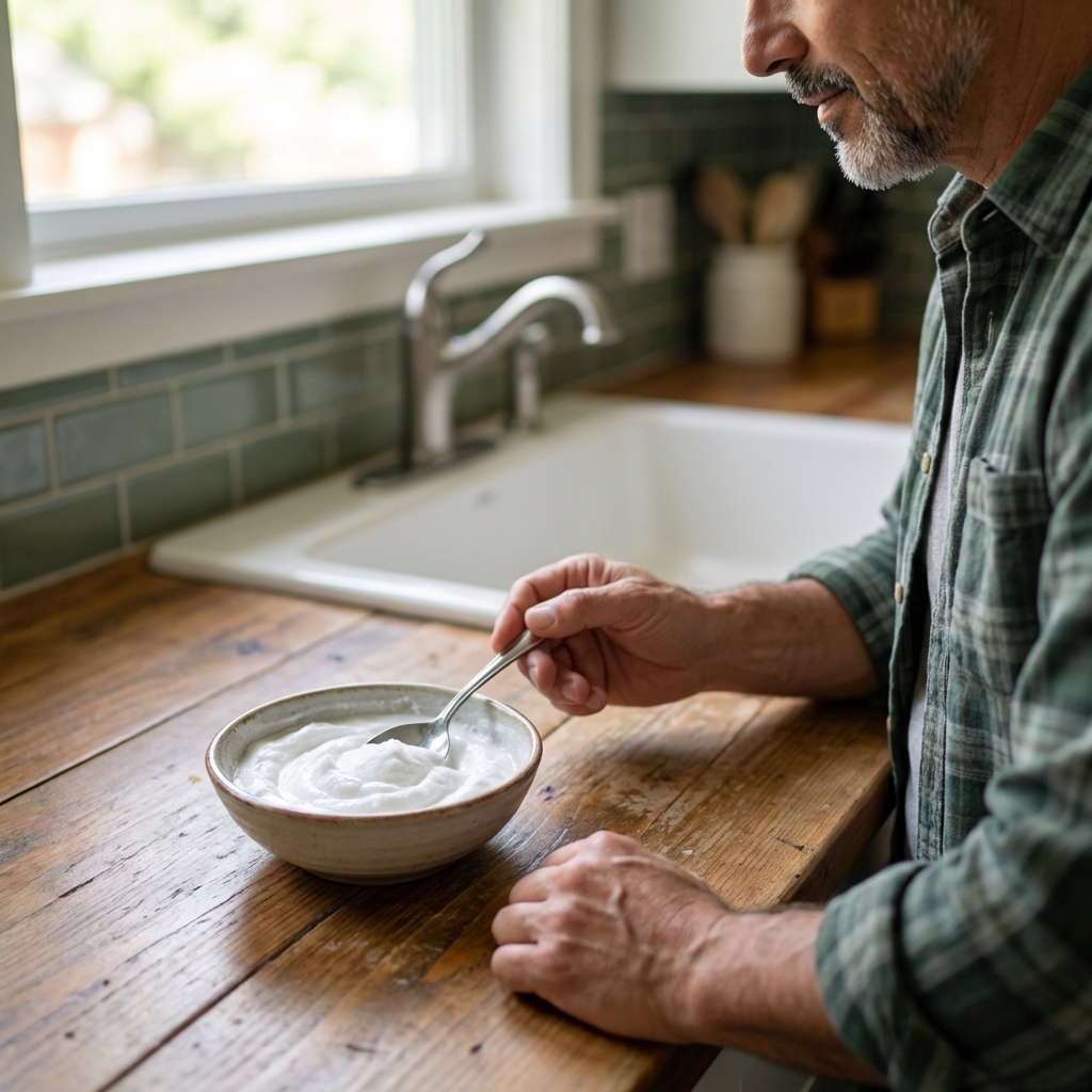 A photograph of a small bowl of baking soda paste on a kitchen counter with a spoon