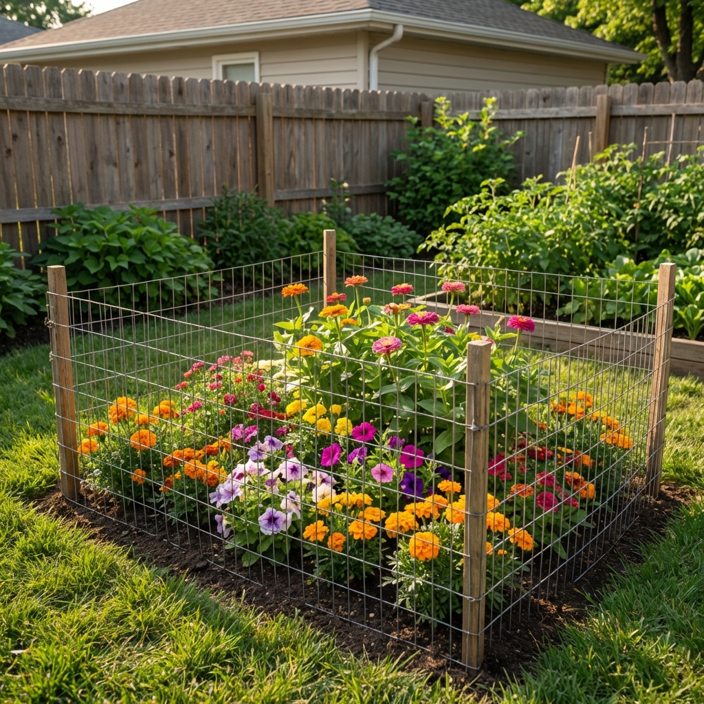 A photograph of a small flower bed protected by a simple wire fence in a suburban backyard