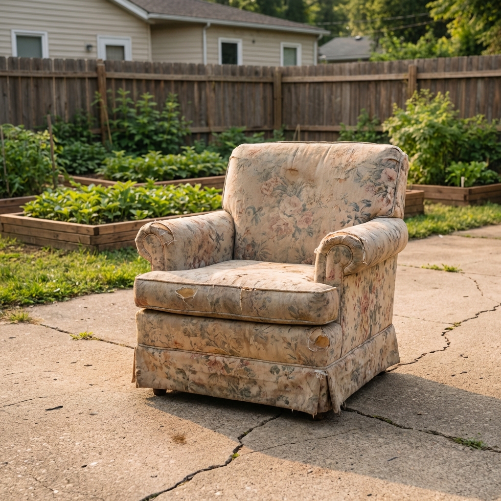 A photograph of a used upholstered chair placed on a driveway in daylight