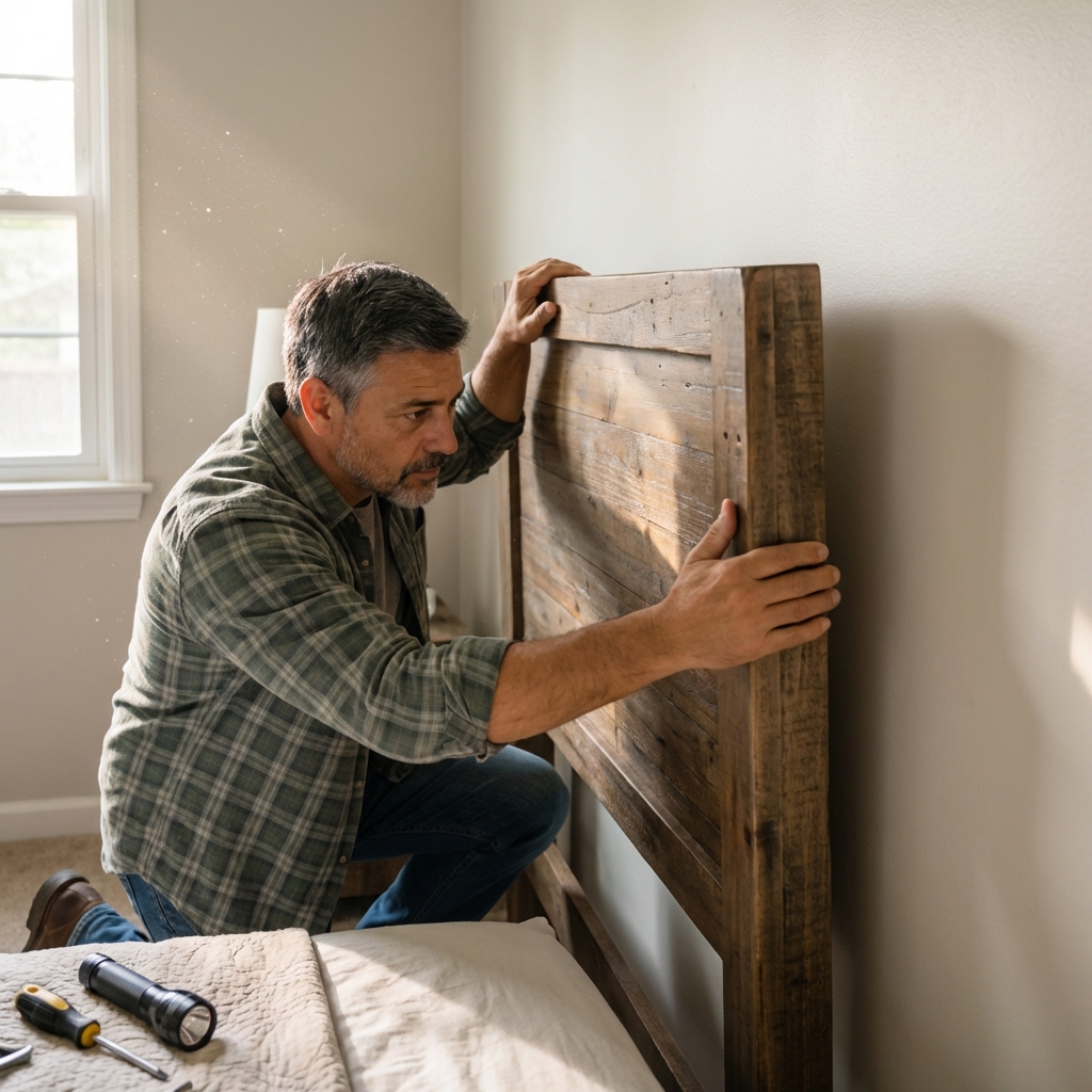 A photograph of a wooden headboard being lifted slightly away from the wall to inspect behind it