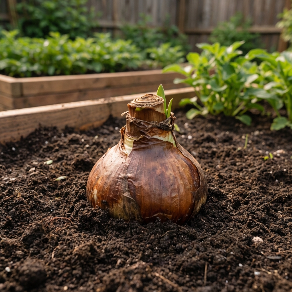 A photograph of an amaryllis bulb planted in the ground with the top portion visible above the soil