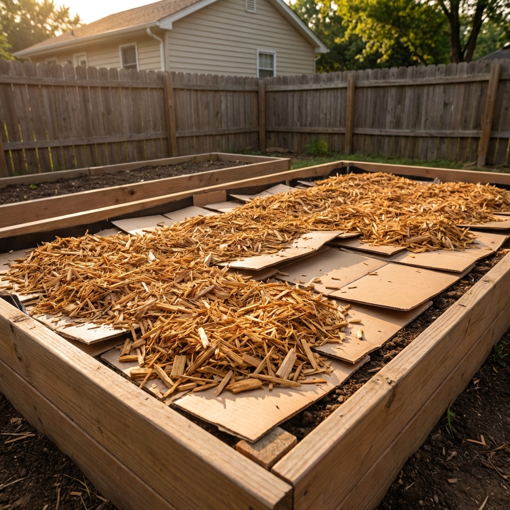 A photograph of flattened cardboard sheets laid over a garden bed and covered with fresh wood chip mulch