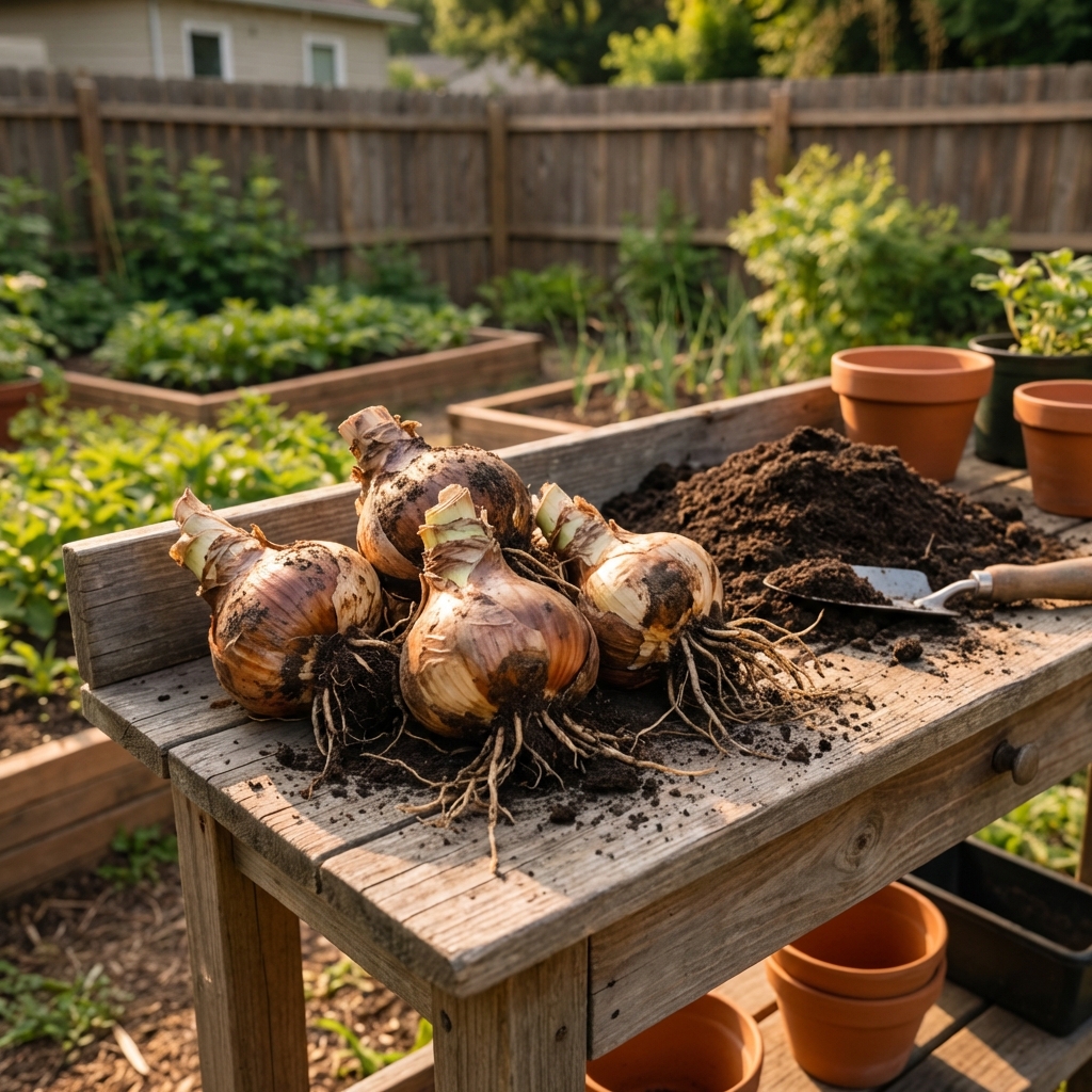 A photograph of freshly dug amaryllis bulbs resting on a potting bench with loose soil nearby