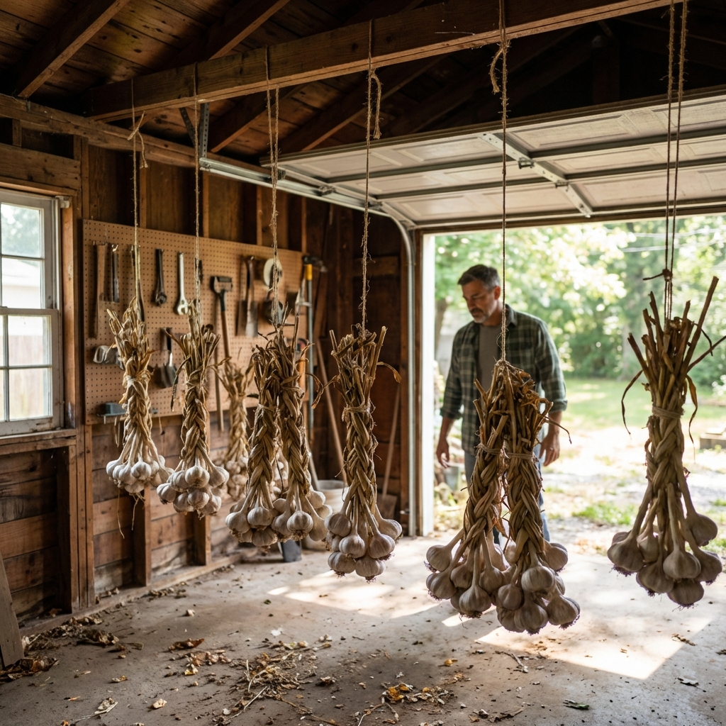 A photograph of garlic bundles hanging to dry in a shaded garage with good airflow