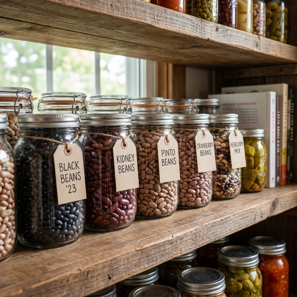 A photograph of labeled glass jars filled with dried bean seeds stored on a pantry shelf