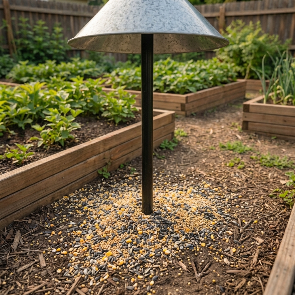 A photograph of spilled bird seed on the ground beneath a feeder near a garden bed
