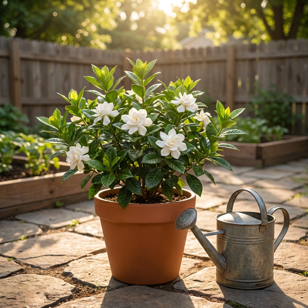 A potted gardenia on a sunny patio with dappled shade and a watering can nearby