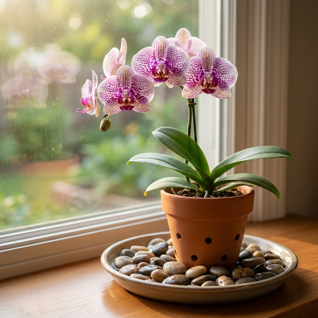 A potted orchid sitting on a pebble tray near a window with gentle indoor light
