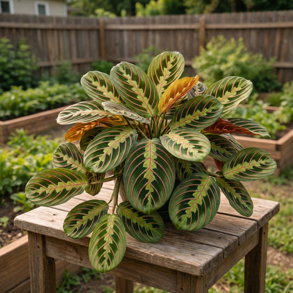 A prayer plant with patterned leaves on a small table in indirect daylight