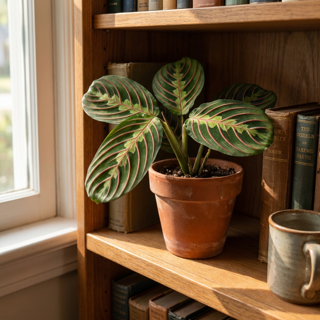 A prayer plant with red-veined green leaves sitting in a small pot on a bookshelf