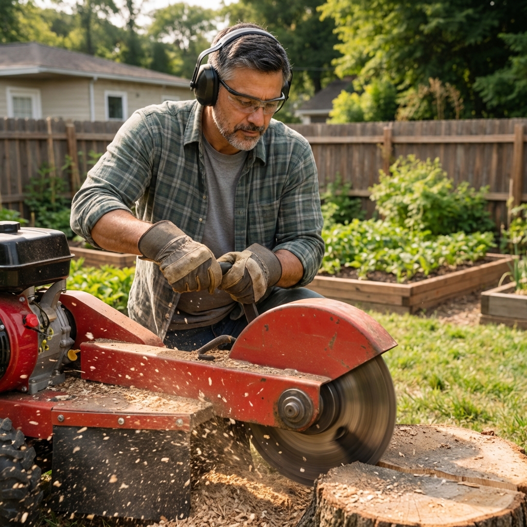 A professional using a stump grinder to remove a stump in a residential yard on a clear day