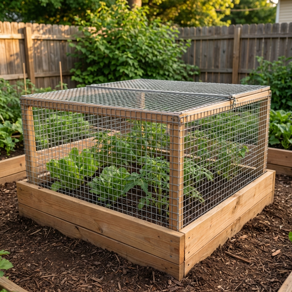 A raised garden bed covered with a wire mesh cage to protect vegetables from squirrels