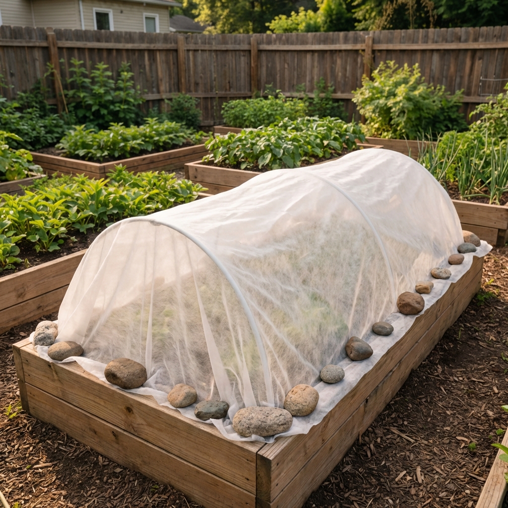 A raised garden bed covered with floating row cover secured along the edges with stones