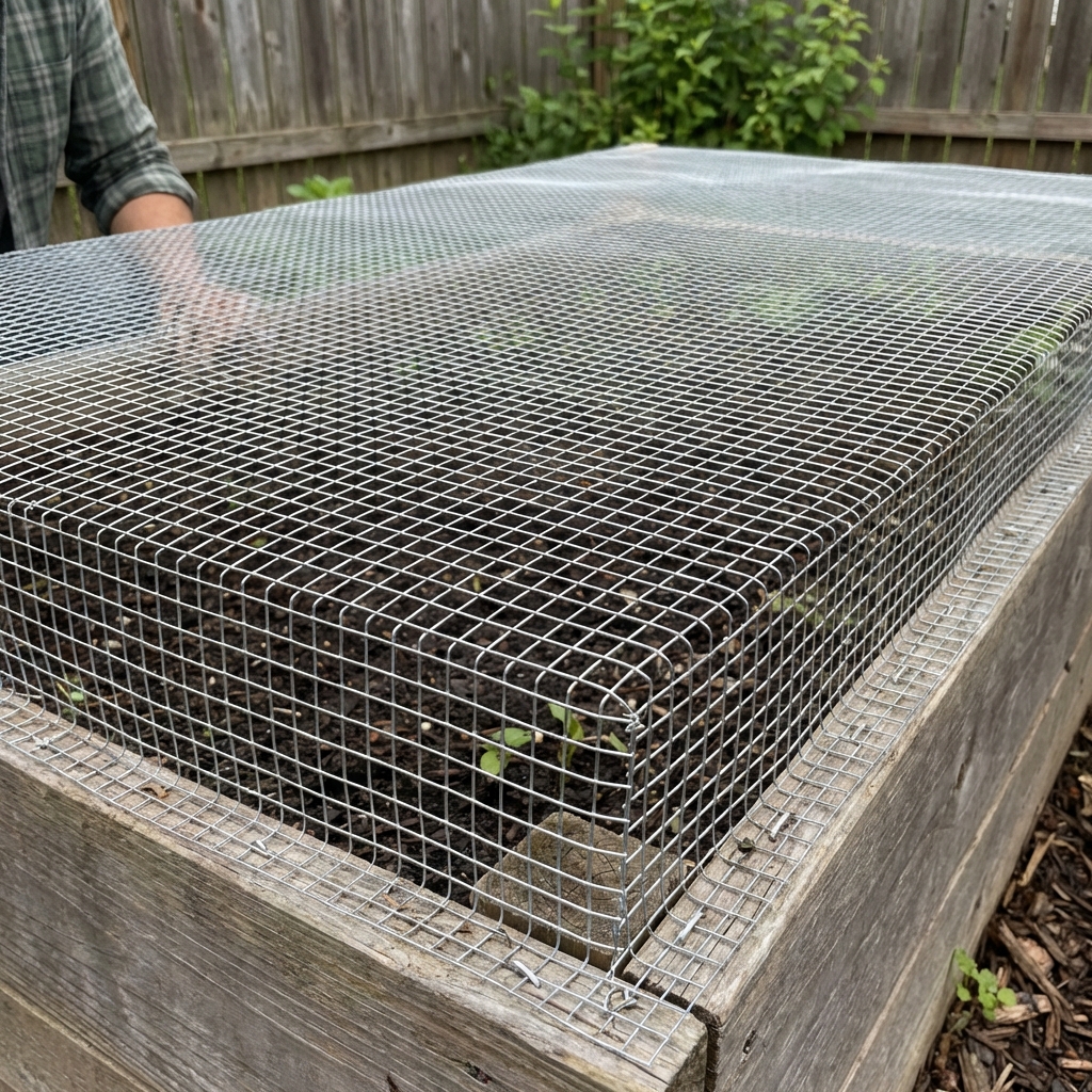 A raised garden bed covered with hardware cloth secured along the edges