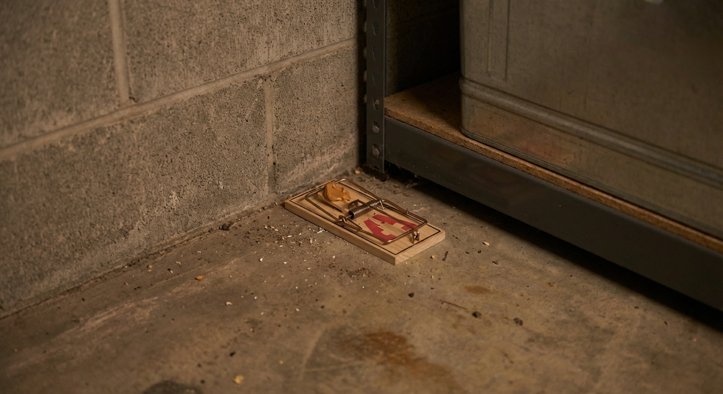 A rat snap trap placed along a garage wall near a corner on a concrete floor