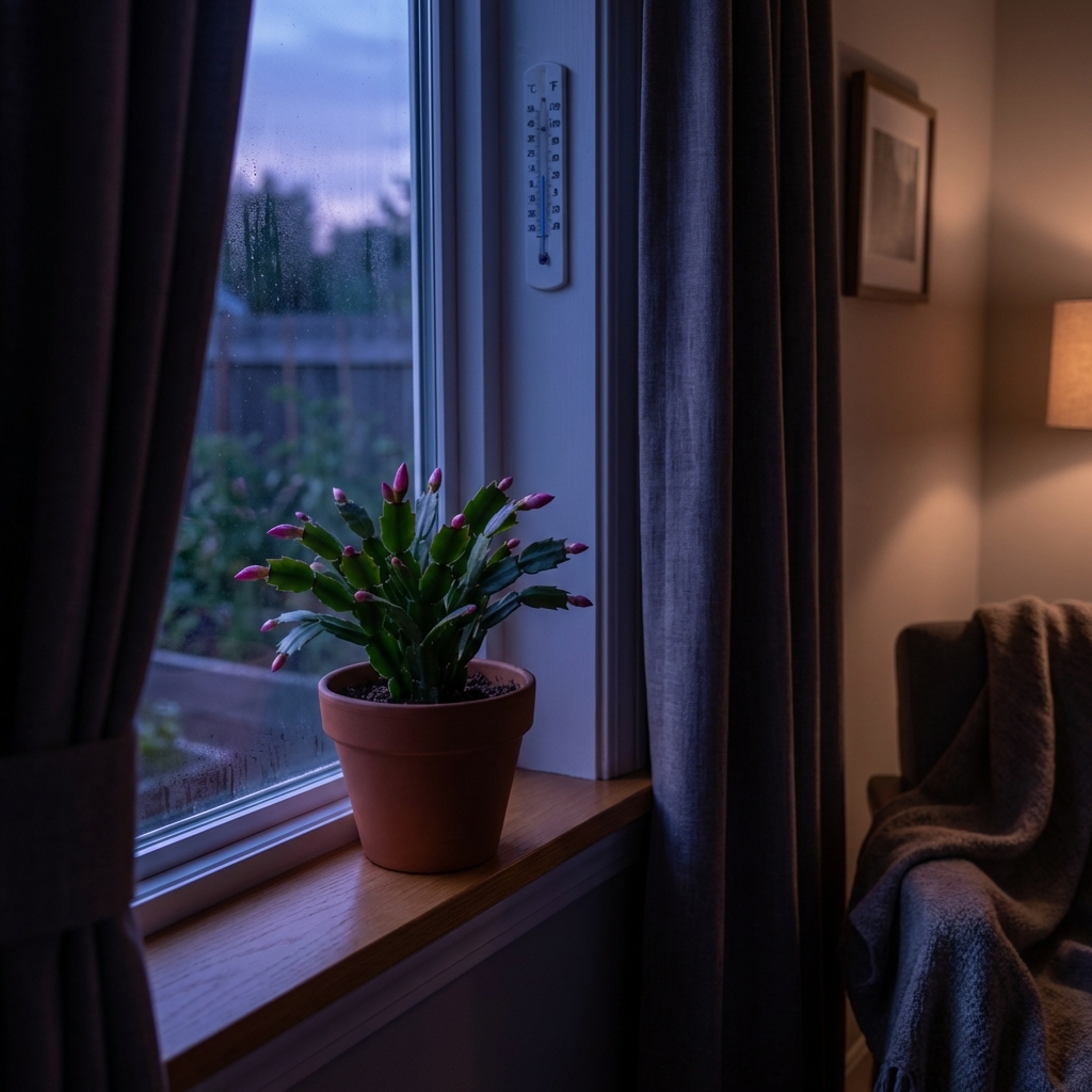 A real Christmas cactus sitting in a cool room by a window at dusk with curtains drawn, showing the kind of low-light nighttime setup that supports bud formation