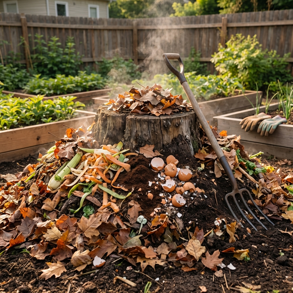 A real backyard compost pile built over a low tree stump with leaves and kitchen scraps